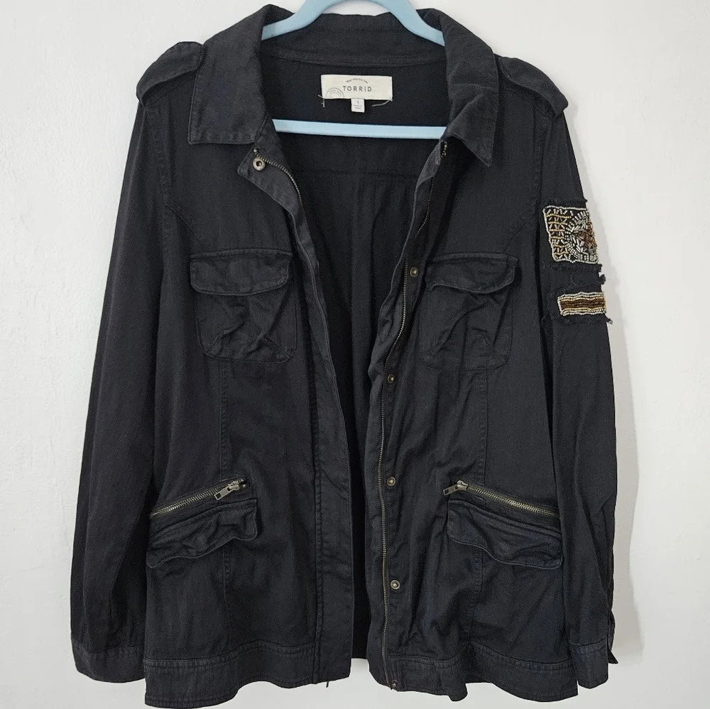 Torrid Black Cotton Utility Jacket Patch Detail W… - image 1